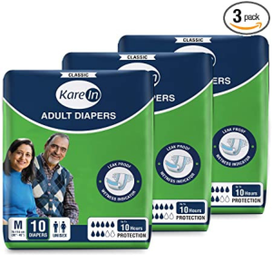 Classic Kare In Adult Diaper - Unisex | Leak Proof - Wetness Indicator | Upto 10 Hrs Protection | Mediam Size (M) | 10 Piece Pack | Rs - 100 |